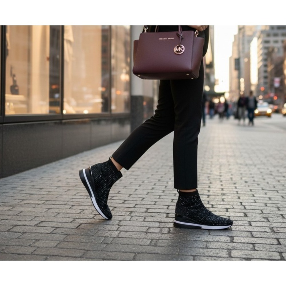 Michael Kors Black Skyler Stretch-Knit‎ Bootie Sock Crystal Embellishments -8.5M